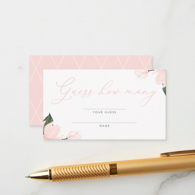 Carte D'accompagnement Baby shower Floral Rose Brut Devine Combien (Devant/Arrière en situation)