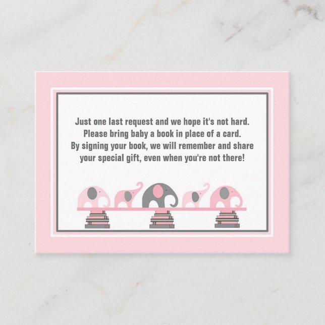 Carte D'accompagnement Baby shower livre insérer des éléphants gris rose (Devant)