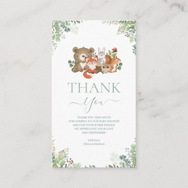 Carte D'accompagnement Baby shower Merci des animaux des bois (Devant)