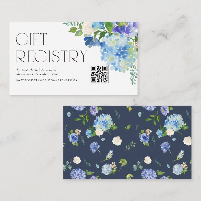 Carte D'accompagnement Baby shower moderne Blue Hydrangea QR Code Registr (Devant / Derrière)