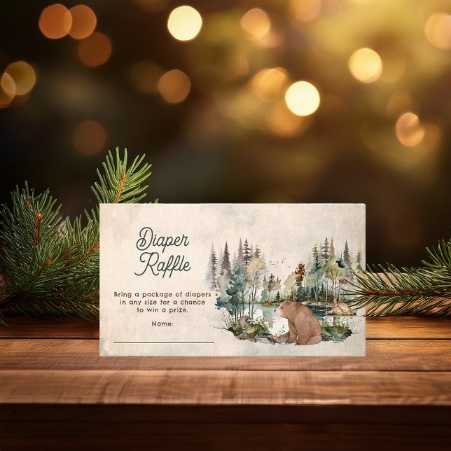 Carte D'accompagnement Baby shower roumain d'ours de forêt (Rustic Woodland Bear and Forest Animals Baby Shower "Diaper Raffle" Insert -- "Oh Boy" Collection)