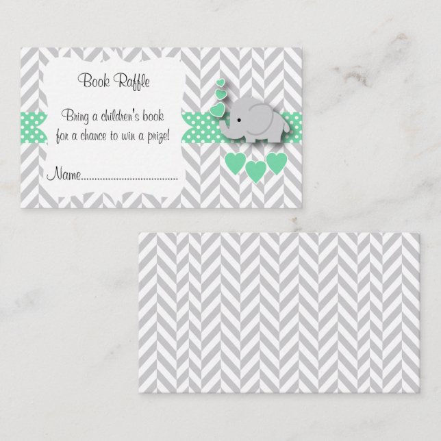 Carte D'accompagnement Baby shower vert, gris blanc Elephant Livre Raffle (Devant / Derrière)