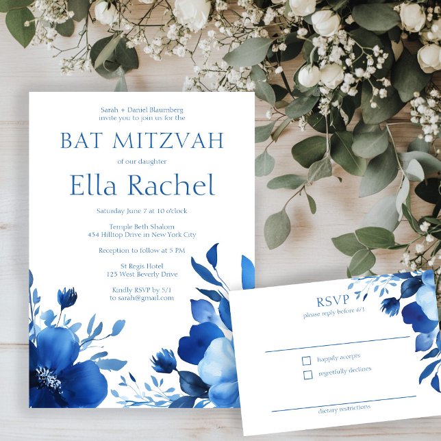 Carte D'accompagnement Bat mitzvah d'aquarelle Bleu Blooms PERSONNALISÉ R (Blue Blooms Watercolor BAT MITZVAH CUSTOM RSVP Enclosure Card
)