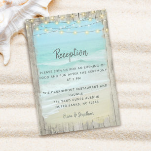 Carte D'accompagnement Beach String Lights Rustic Wood Wedding Réception