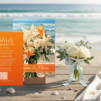 Carte D'accompagnement Beach Wedding Orange Starfish Bouquet Details Card