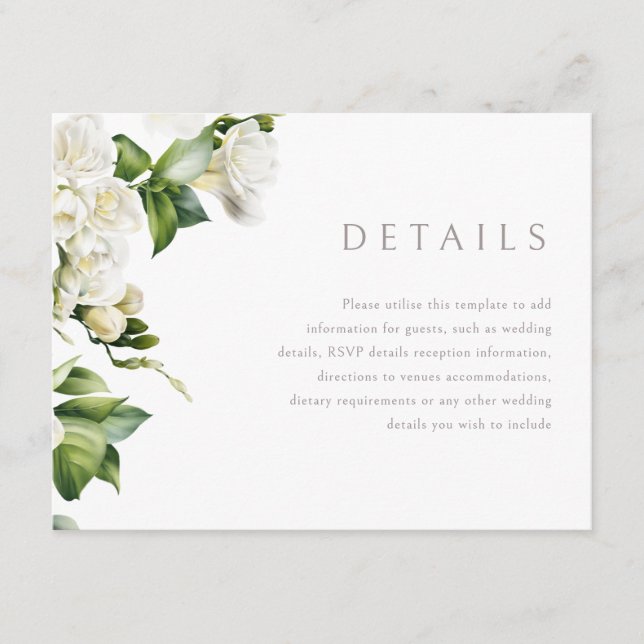 Carte D'accompagnement Beau Blanc Floral Détails du Mariage (Devant)