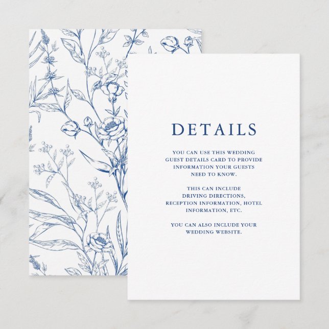 Carte D'accompagnement Beau bleu Floral Mariage Détails de l'invité (Devant / Derrière)