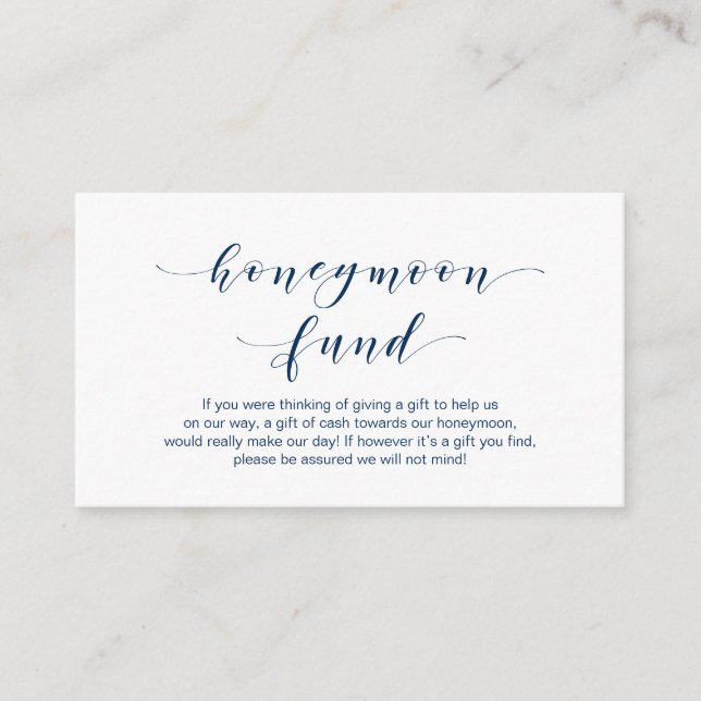 Carte D'accompagnement Beau Elégant, Navy Blue script Honeymoon Fund (Devant)