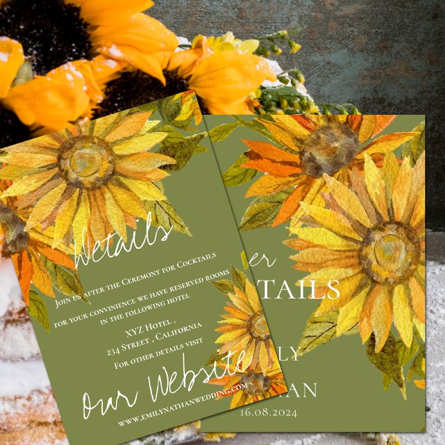 Carte D'accompagnement Beau Mariage fleuri de tournesol jaune (Beautiful Yellow Sunflower Floral Wedding Enclosure Details Card)