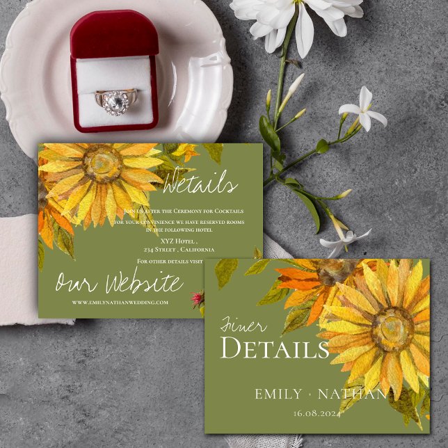 Carte D'accompagnement Beau Mariage fleuri de tournesol jaune (Beautiful Yellow Sunflower Floral Wedding Enclosure Card)