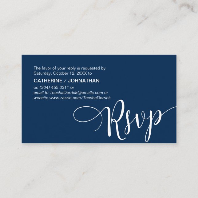 Carte D'accompagnement Beau Script bleu marine, RSVP répondre (Devant)
