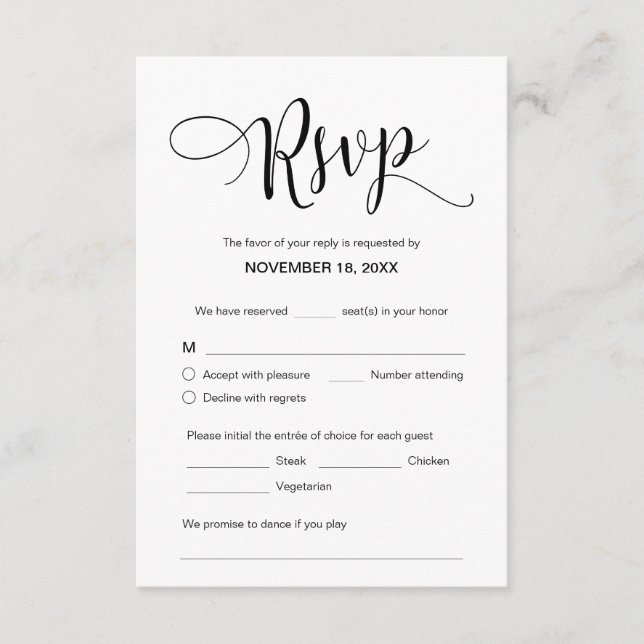 Carte D'accompagnement Beau script noir, RSVP, Répondre (Devant)