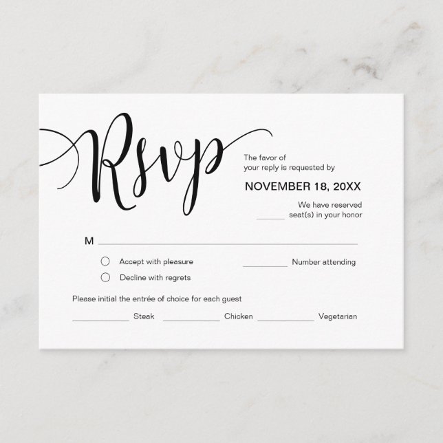 Carte D'accompagnement Beau script, RSVP, Noir, Répondre (Devant)