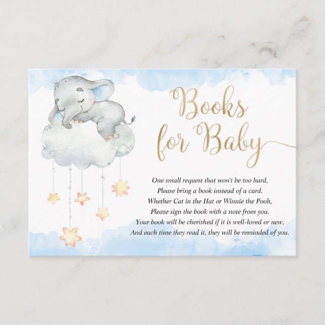 Carte D'accompagnement Bébé éléphant bleu étoiles livres pour bébé (Devant)