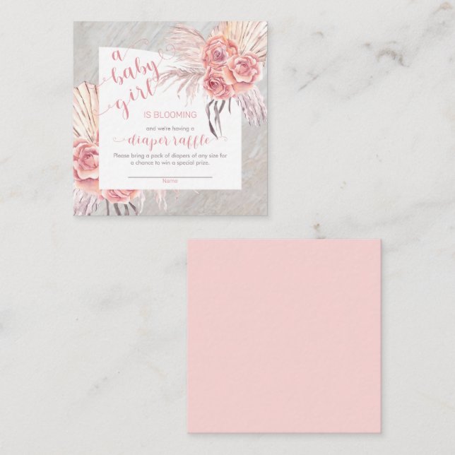 Carte D'accompagnement Bébé en Fleur Pampas Grass Rose Papillon Raffle (Devant / Derrière)