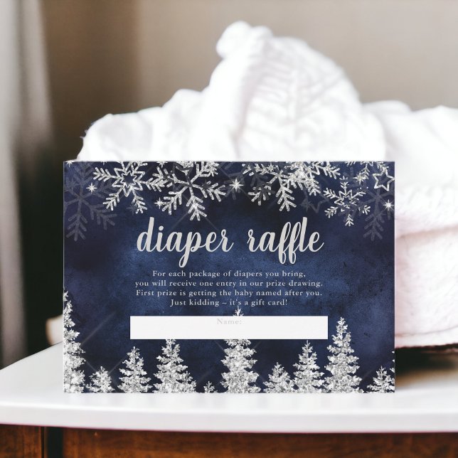 Carte D'accompagnement Bébé hiver argent sapin marine tirage au sort couc (Winter silver snow pine navy diaper raffle baby enclosure card)