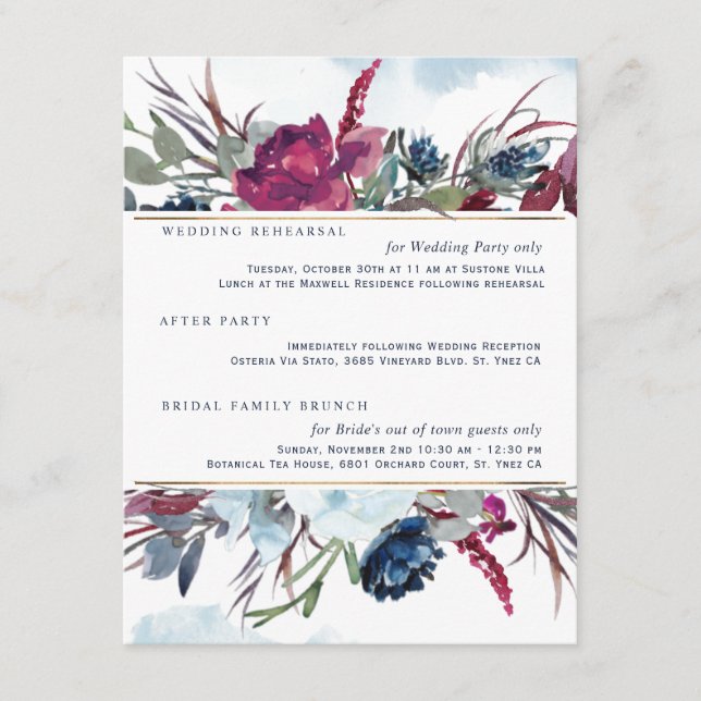 Carte D'accompagnement Berry Burgundy Blue Floral Détails du Mariage (Devant)
