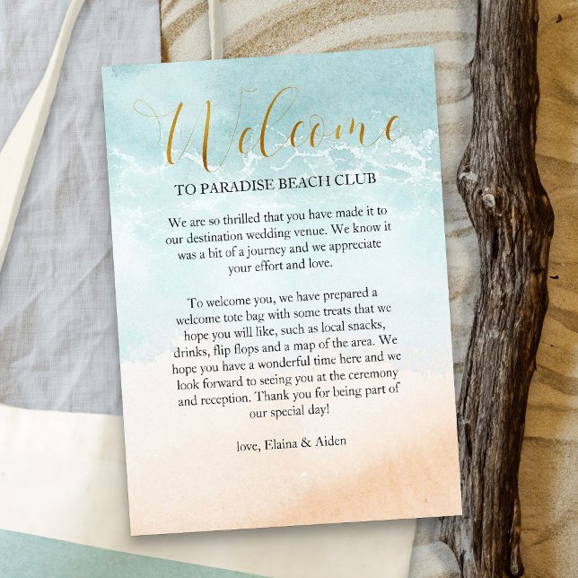 Carte D'accompagnement Bienvenue de mariage de destination de rivage de p (Tropical Beach Resort destination wedding welcome card - Boho Beach Collection)