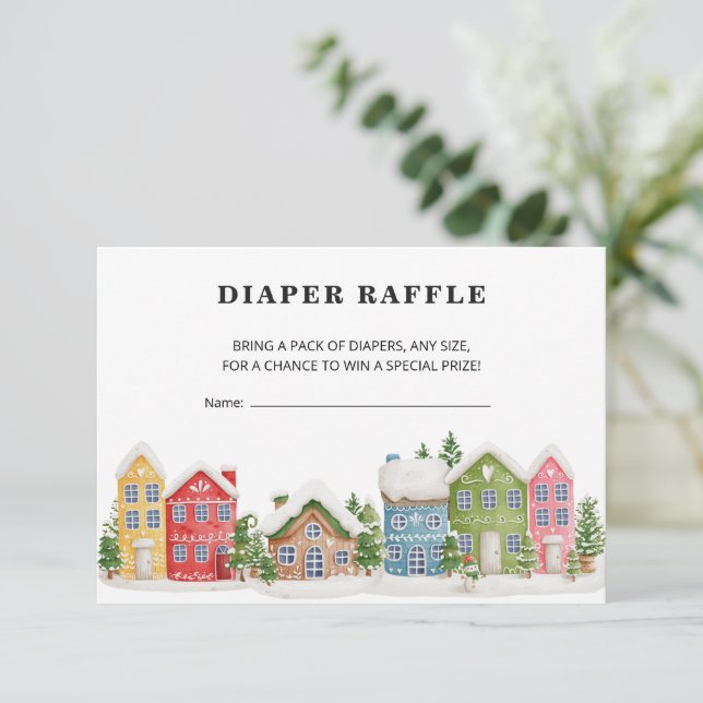 Carte D'accompagnement Billet Diaper Raffle hiver village Baby shower (Debout devant)