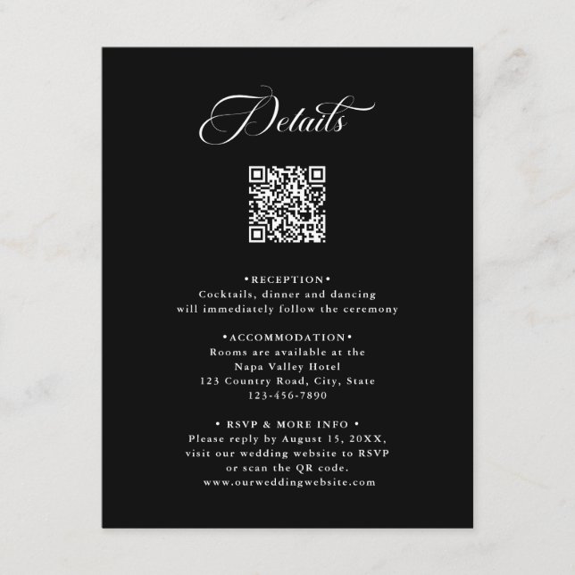 Carte D'accompagnement Black Delicate Elegant Wedding Détails (Devant)
