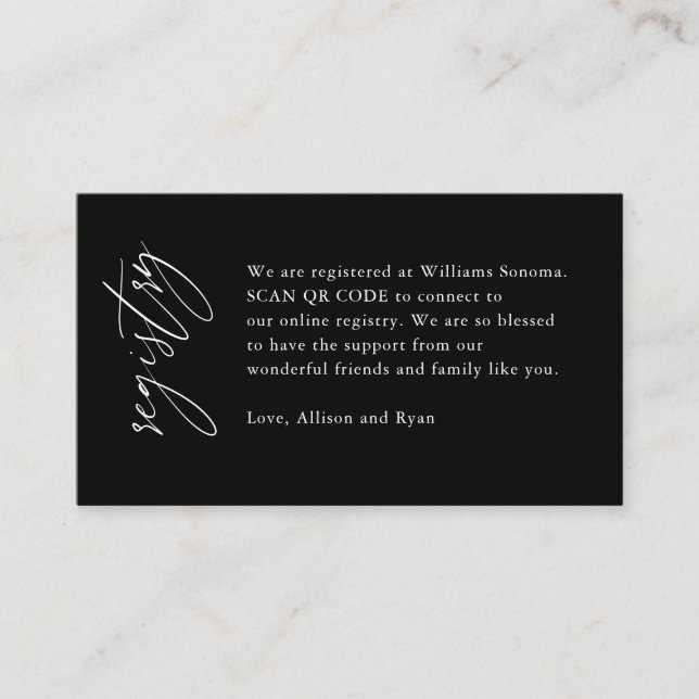 Carte D'accompagnement Black Elegant QR Code Mariage Registre Cadeau (Devant)
