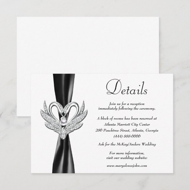 Carte D'accompagnement Black Ribbon Silver Swans Détails du Mariage (Devant / Derrière)