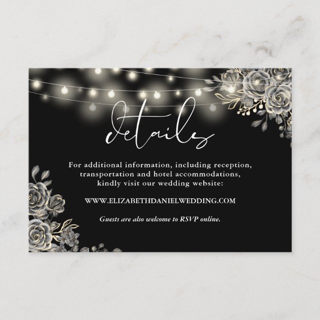 Carte D'accompagnement Black Rose String Lights gothique Mariage Détails (Devant)