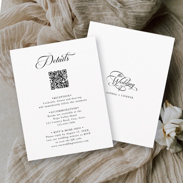 Carte D'accompagnement Black & White Delicate Elegant Wedding Détails (Front & Back)