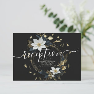 Carte D'accompagnement Black White Gold Floral Wreath Réception de mariag