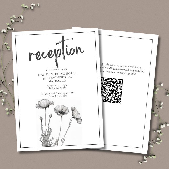 Carte D'accompagnement Black White Poppy Floral Élégante Réception De Mar (Black and White Poppies Wedding Reception Enclosure Card with QR code for your Wedding Website.)