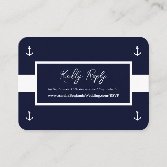 Carte D'accompagnement Bleu Blanc Nautique Motif site Web Mariage RSVP (Devant)