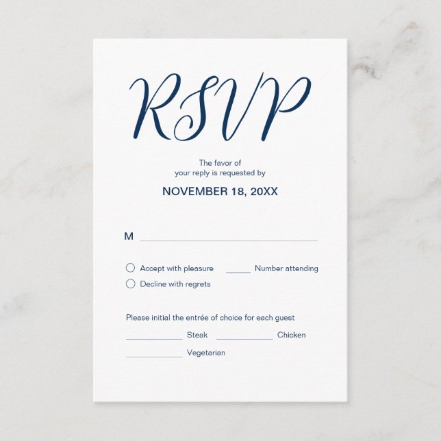 Carte D'accompagnement Bleu de marine esthétique, Dîner Mariage RSVP, Rép (Devant)