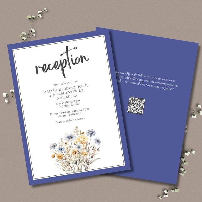 Carte D'accompagnement Bleu Fleur sauvage Moderne Elégant Mariage Récepti (Blue Wildflowers Elegant Wedding Reception Enclosure Card, formal design with watercolor wildflowers)
