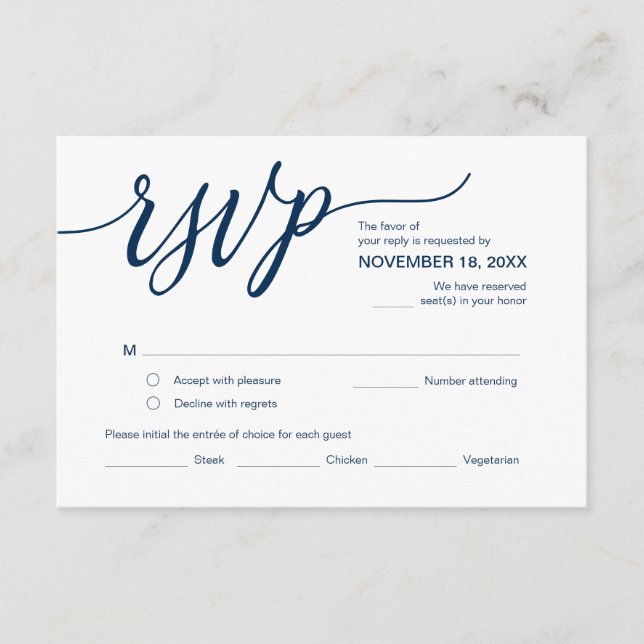 Carte D'accompagnement Bleu marine esthétique, RSVP à la fête d'anniversa (Devant)