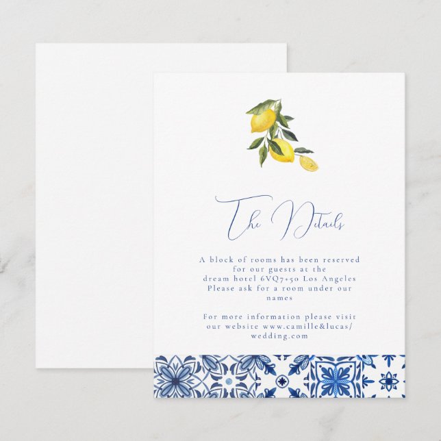Carte D'accompagnement Bleu méditerranéen tuile & agrumes Détails Mariage (Devant / Derrière)