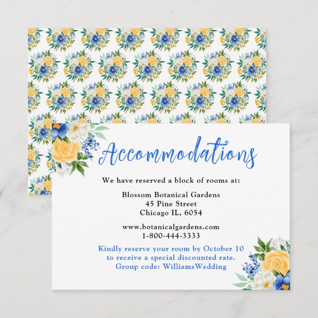 Carte D'accompagnement Blue and Yellow Floral Wedding Accommodations (Devant / Derrière)