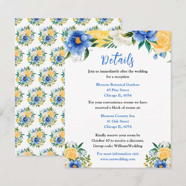 Carte D'accompagnement Blue and Yellow Floral Wedding Details (Devant / Derrière)