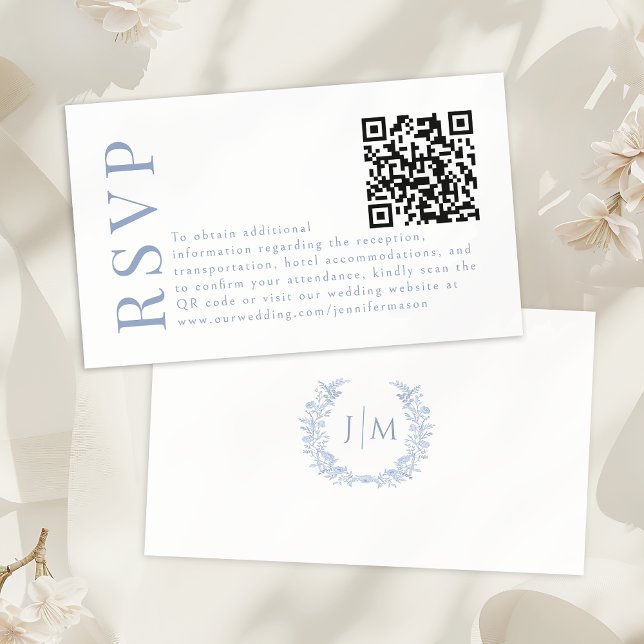 Carte D'accompagnement Blue Bohemian Floral Wedding RSVP QR code cards (Créateur téléchargé)