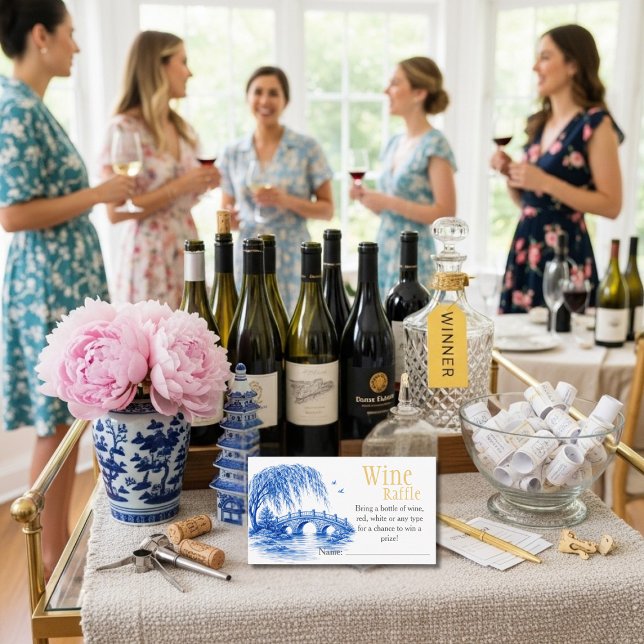 Carte D'accompagnement Blue Chinoiserie Bridge Wine Raffle Bridal Shower  (Blue Chinoiserie Bridge Wine Raffle Bridal Shower Enclosure Card)