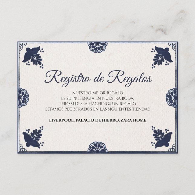 Carte D'accompagnement Blue Floral Otomi Simple Fiesta Spanish Wedding (Devant)