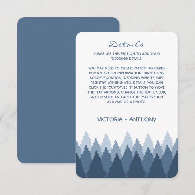 Carte D'accompagnement Blue Forest Range Woodland Détails du Mariage (Devant / Derrière)