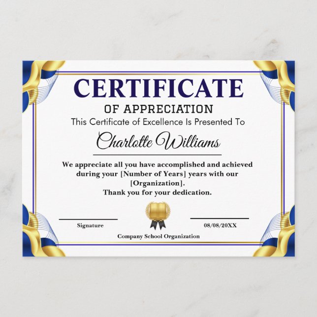 Carte D'accompagnement Blue Gold Certificate of Appreciation Template (Devant)