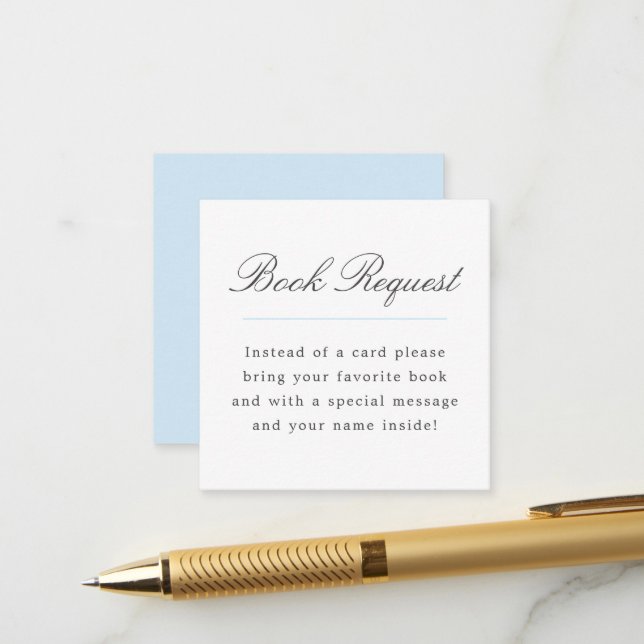 Carte D'accompagnement Blue Grand Millennial Book Request Baby shower (Devant/Arrière en situation)