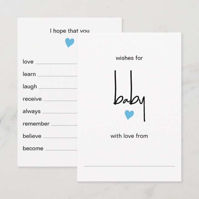 Carte D'accompagnement Blue Heart Wings For Baby Boy Shower Game (Devant / Derrière)