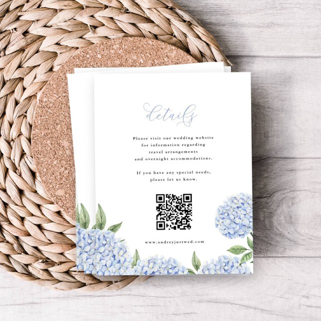 Carte D'accompagnement Blue Hydrangea Calligraphy Detail QR Code (Créateur téléchargé)