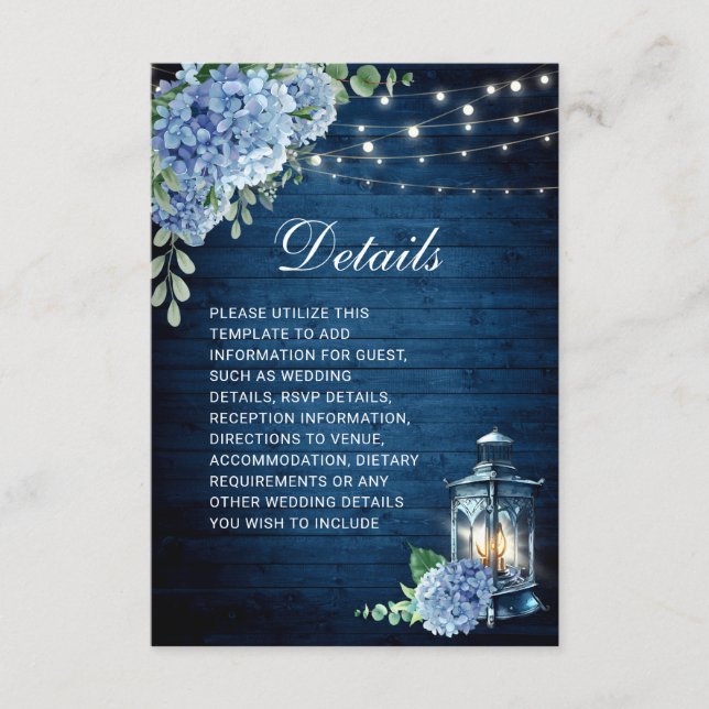 Carte D'accompagnement Blue Hydrangea Lantern Wood Détails du Mariage (Devant)