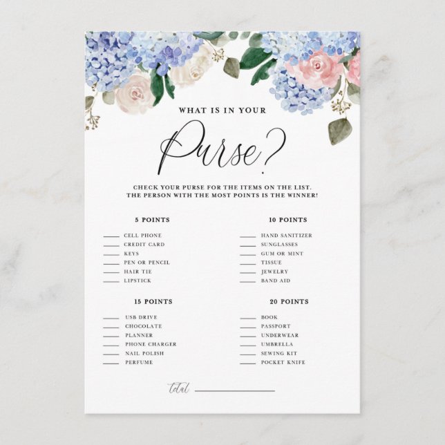 Carte D'accompagnement Blue Hydrangeas What's In Your Purse Game Card (Devant)