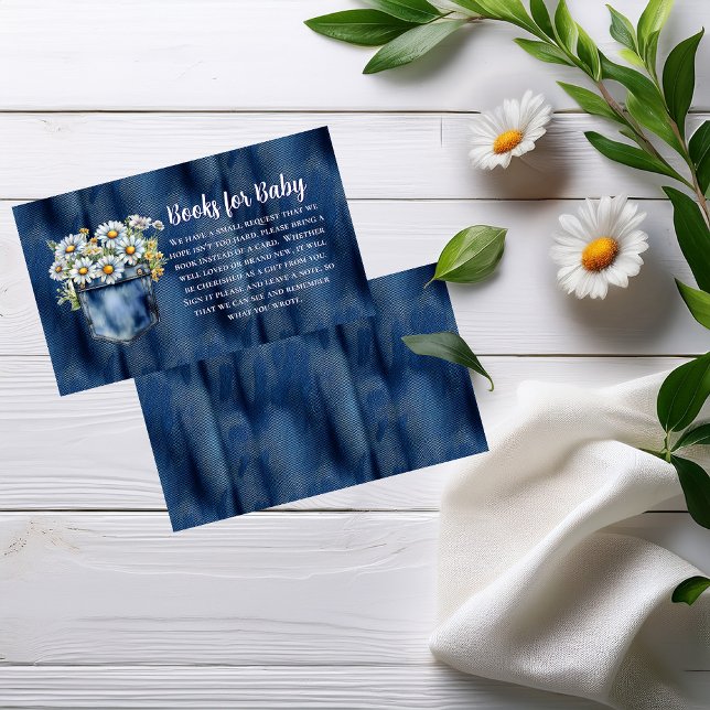Carte D'accompagnement Blue Jean Denim Daisies Baby shower Livres pour bé (Blue Jean Pocket Denim and Daisies Baby Shower Books for Baby Insert Card)