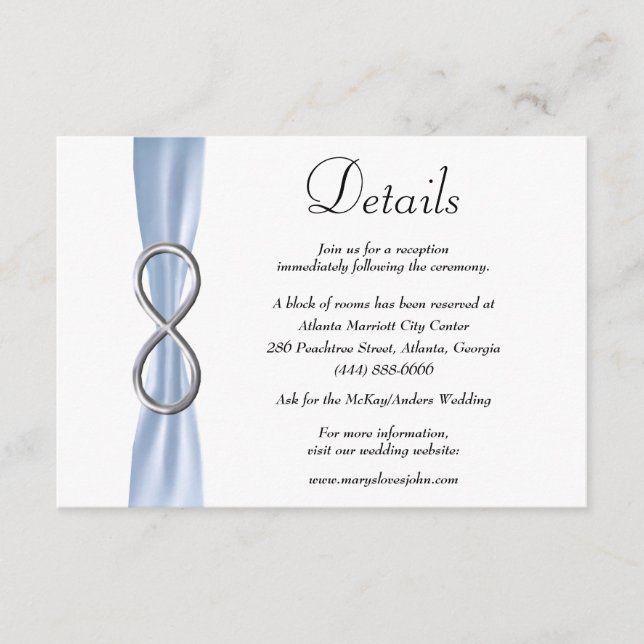 Carte D'accompagnement Blue Ribbon Silver Infinity Détails du Mariage (Devant)