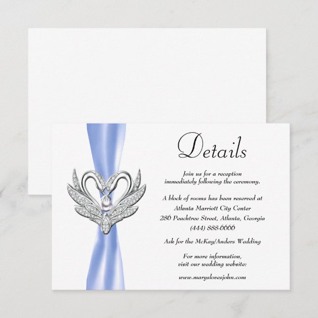 Carte D'accompagnement Blue Ribbon Silver Swans Détails du Mariage (Devant / Derrière)